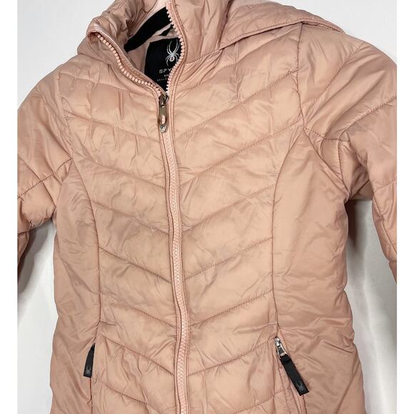 Spyder Girls Small 7 Light Pink Clara Short Puffer Jacket Misty Rose Hooded - Picture 3 of 12